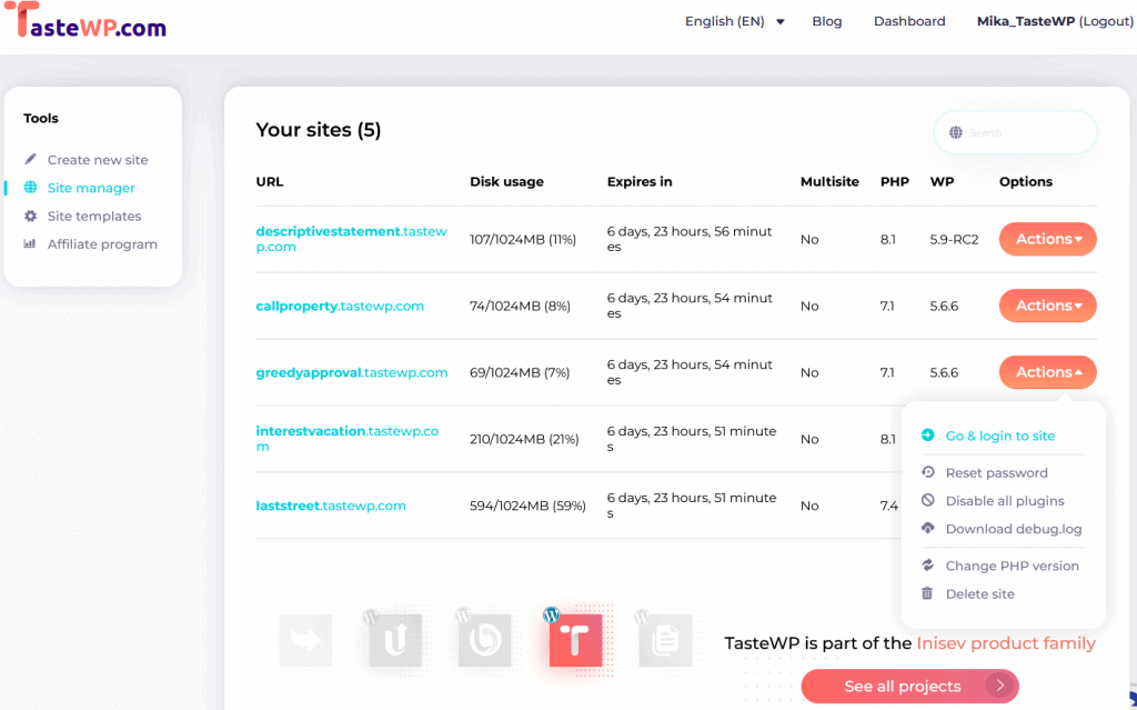 TasteWP test site dashboard