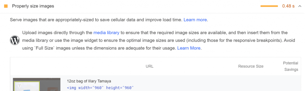 Properly size images warning from PageSpeed Insights