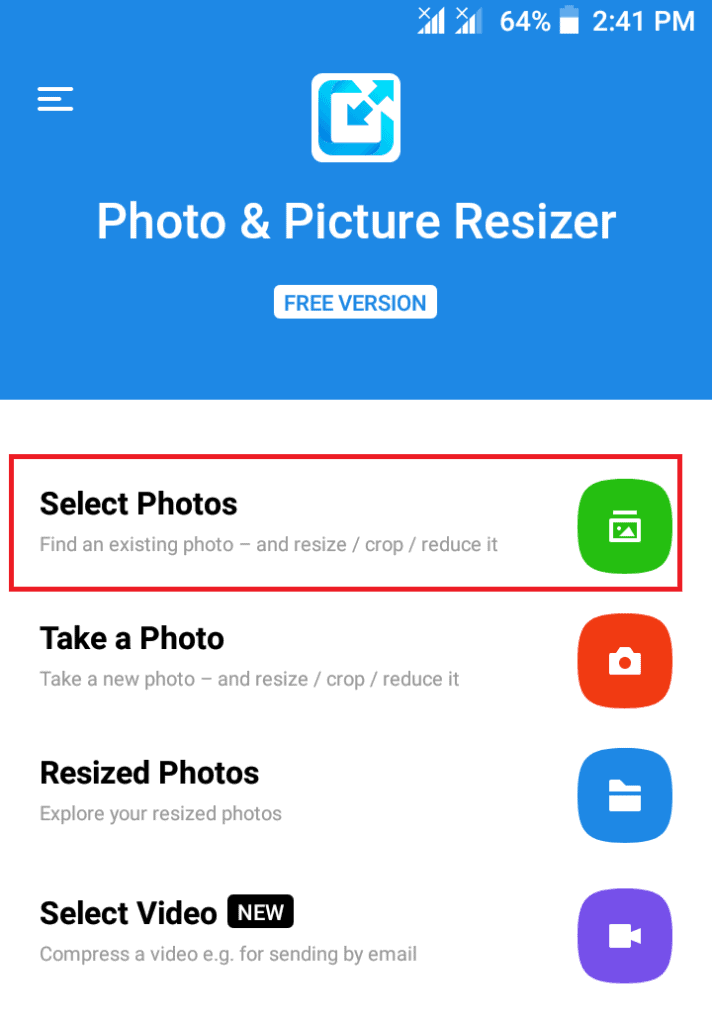 image size reduction using photo and Picture Resizer app