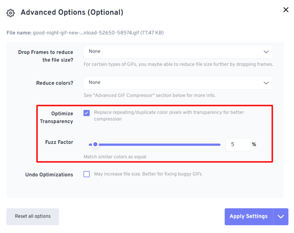 Optimize transparency in GIF images while compressing GIF images