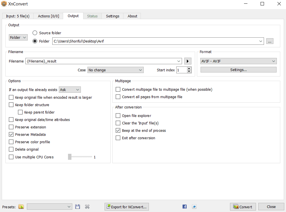 Xnconvert jpg to avf batch convert tool settings