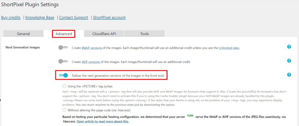 shortpixel settings to support avif images WordPress