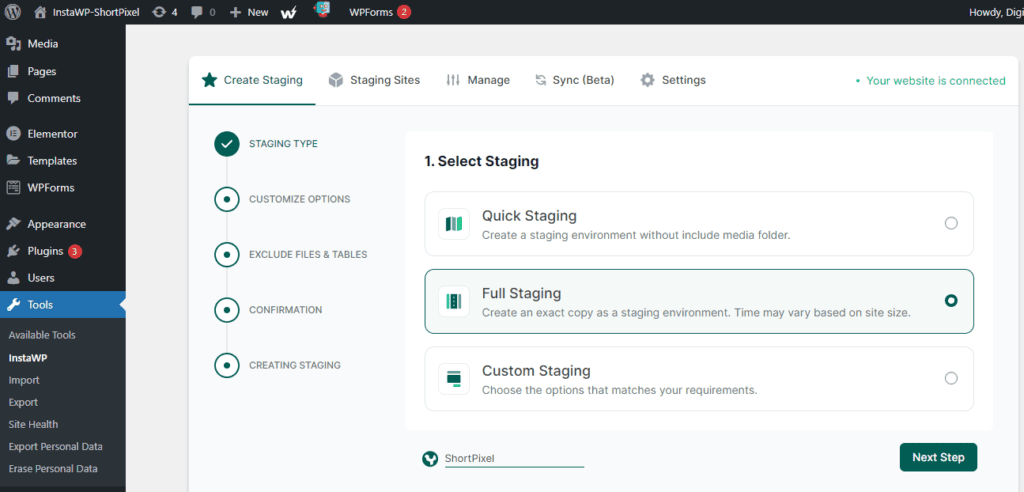 create full staging site with InstaWP