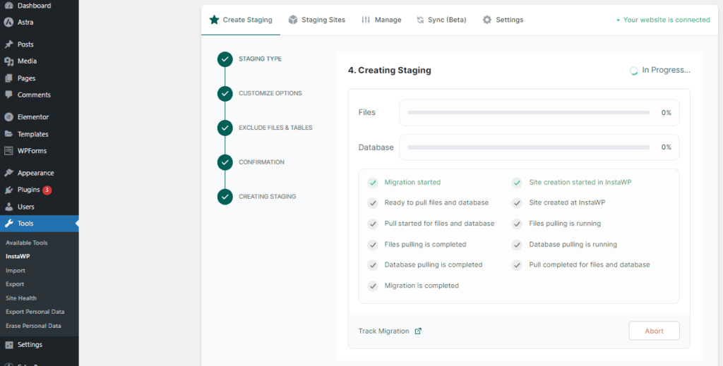 complete creating staging site with InstaWP