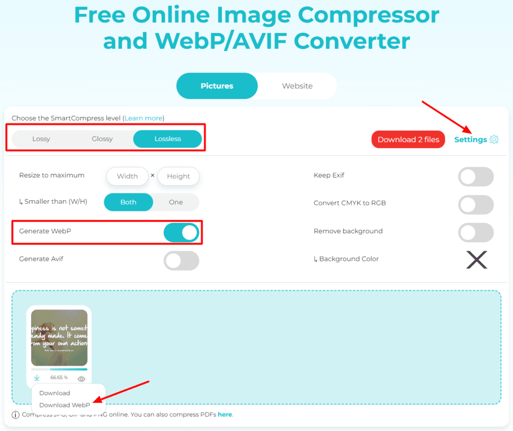 Generate WebP images using ShortPIxel online image optimizer