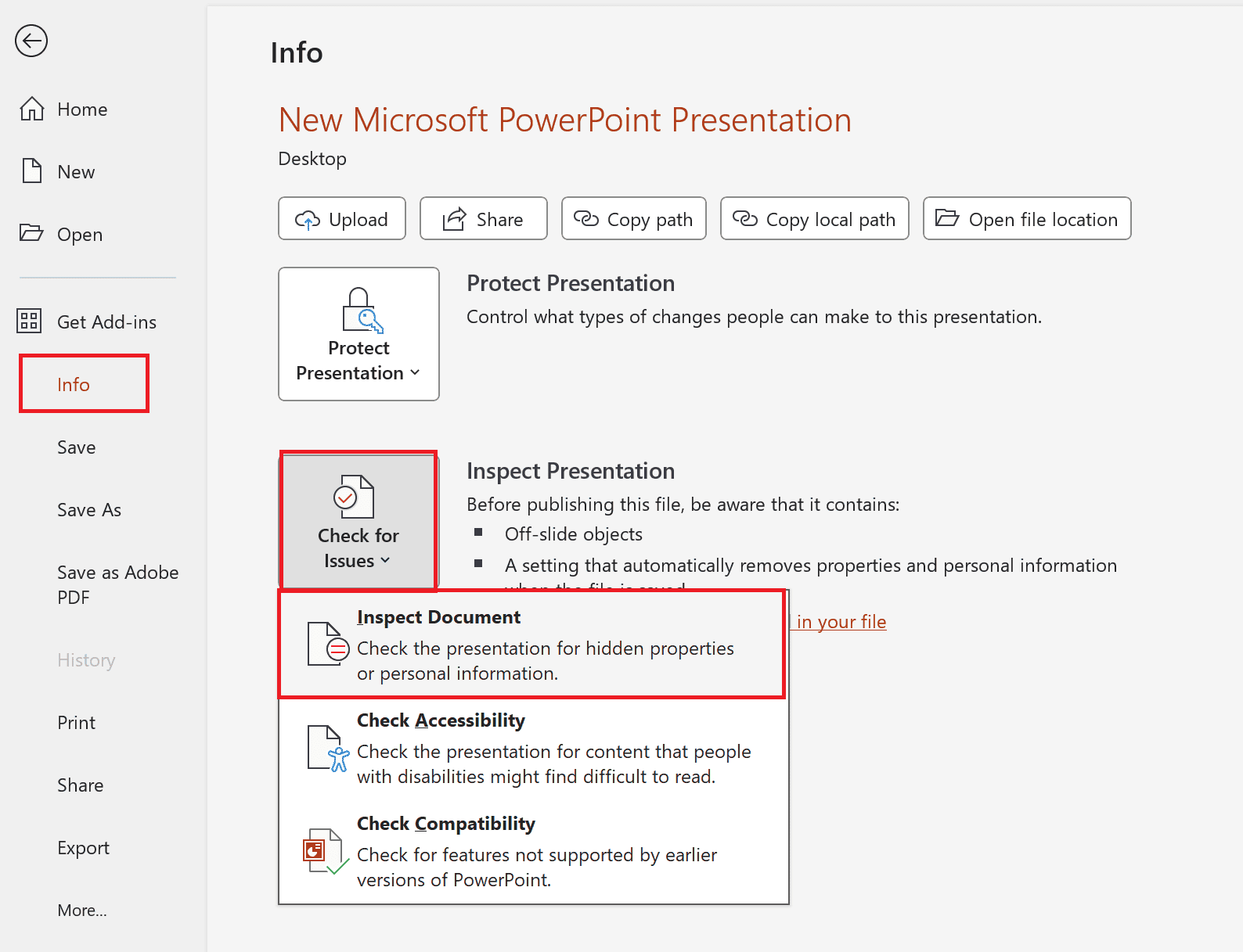 powerpoint inspect document