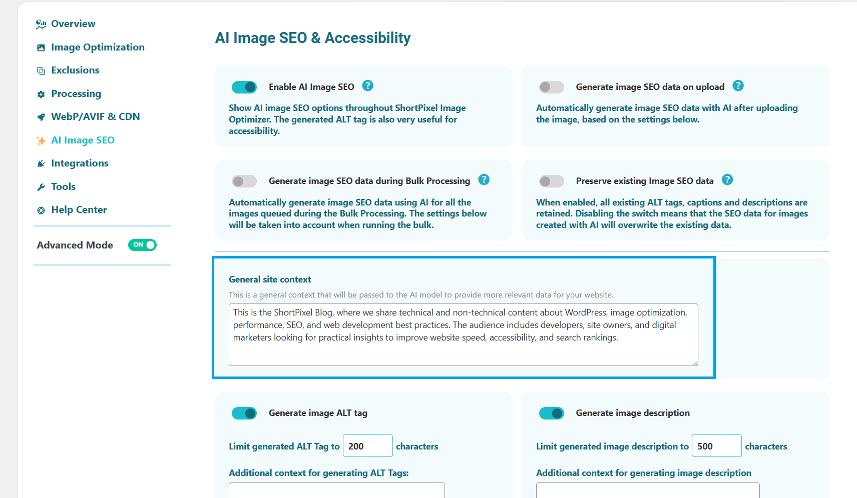 1 in 5 Website Images Are Invisible to Google: How to Improve Image SEO AI Image SEO and Accessibility dashboard interface showing options for enabling AI image SEO, generating SEO data during bulk processing, and managing ALT tags and descriptions for optimized images in WordPress.