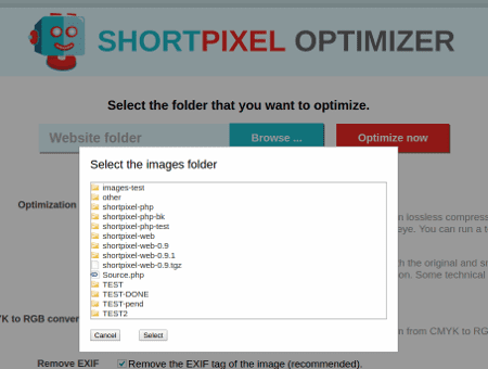 ShortPixel Web Optimizer - select the folder to optimize.