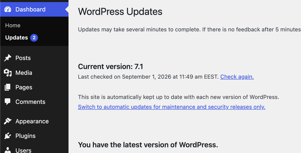 WordPress version in Dashboard → Updates